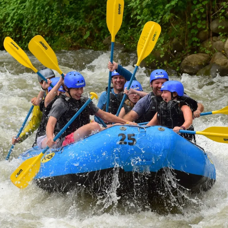 Family enjoying whitewater rafting in Costa Rica with big smiles and paddles in the air